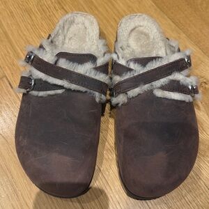 Birkenstock Brown Suede Shearling-Trim Clogs